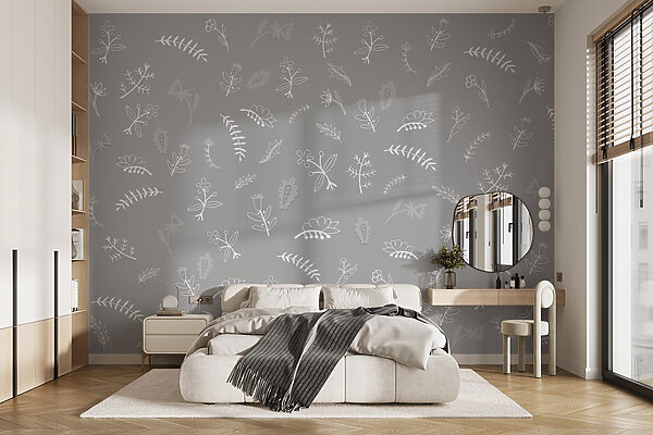 Grey background with white flowers and leaves Grey background with white flowers and leaves