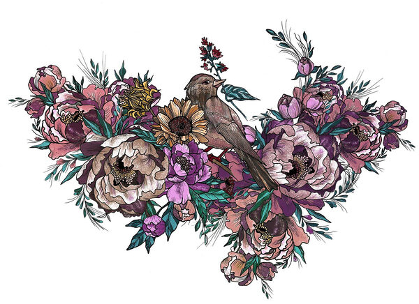 Bird sitting on a bouquet of flowers Bird sitting on a bouquet of flowers