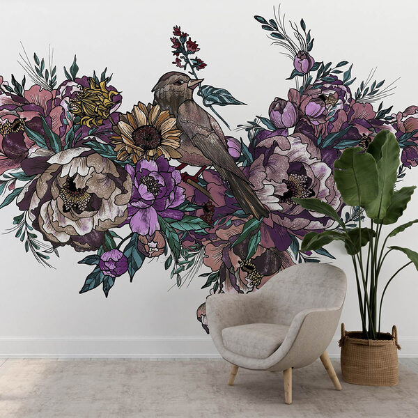Bird sitting on a bouquet of flowers Bird sitting on a bouquet of flowers