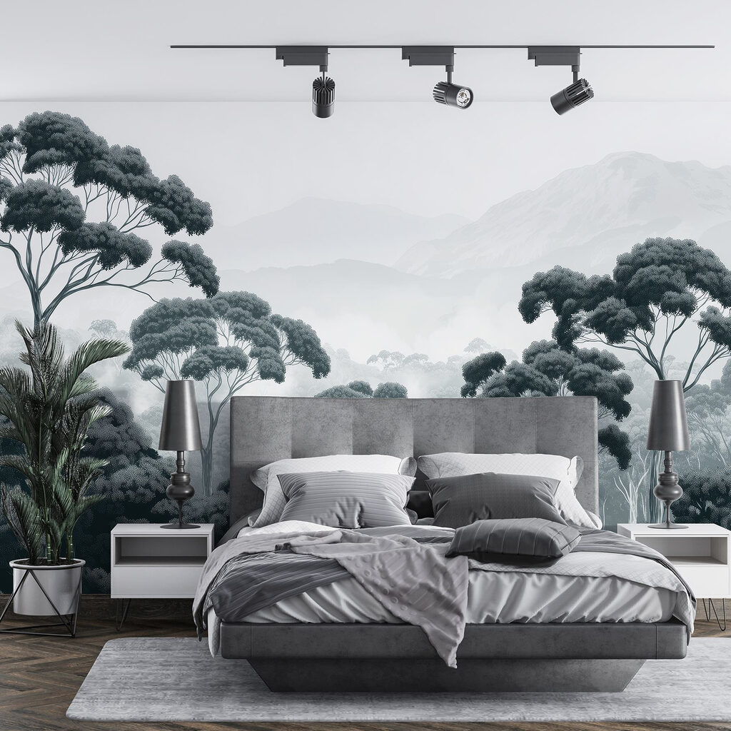 Forest with trees and mountains in the background