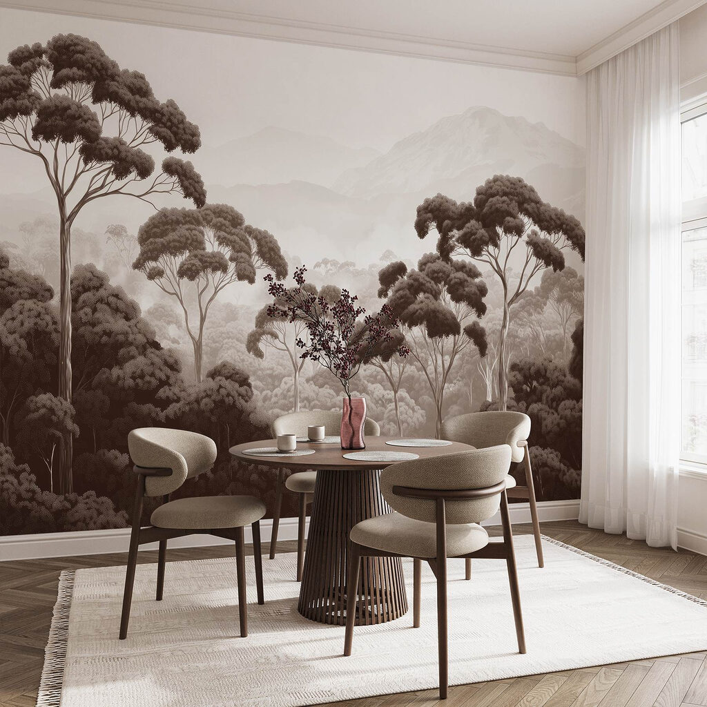 Forest with trees and mountains in the background