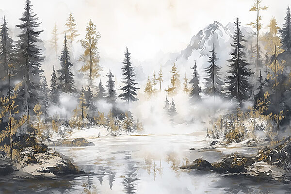 Watercolor painting of a forest and mountains Watercolor painting of a forest and mountains
