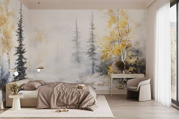 Watercolor painting of a river with trees and snow Watercolor painting of a river with trees and snow