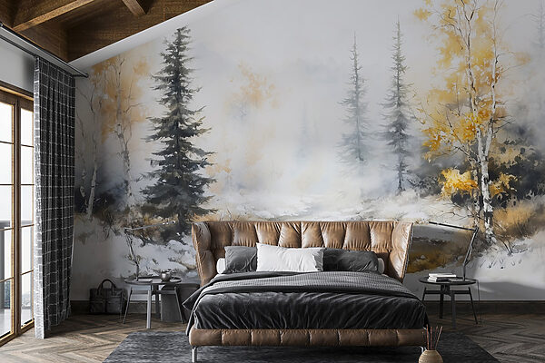 Watercolor painting of a river with trees and snow Watercolor painting of a river with trees and snow