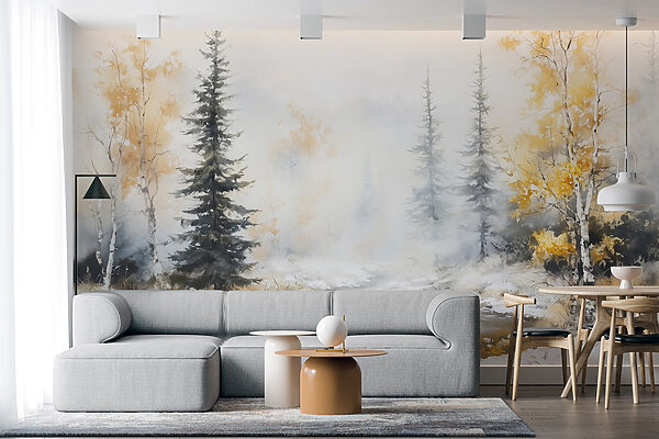 Watercolor painting of a river with trees and snow Watercolor painting of a river with trees and snow