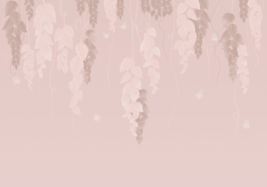 Pink and white background with leaves and butterflies Pink and white background with leaves and butterflies