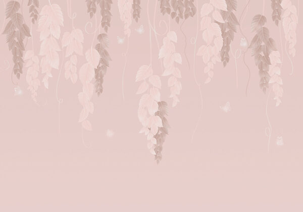 Pink and white background with leaves and butterflies Pink and white background with leaves and butterflies