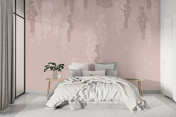 Pink and white background with leaves and butterflies Pink and white background with leaves and butterflies