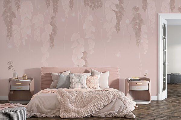 Pink and white background with leaves and butterflies Pink and white background with leaves and butterflies