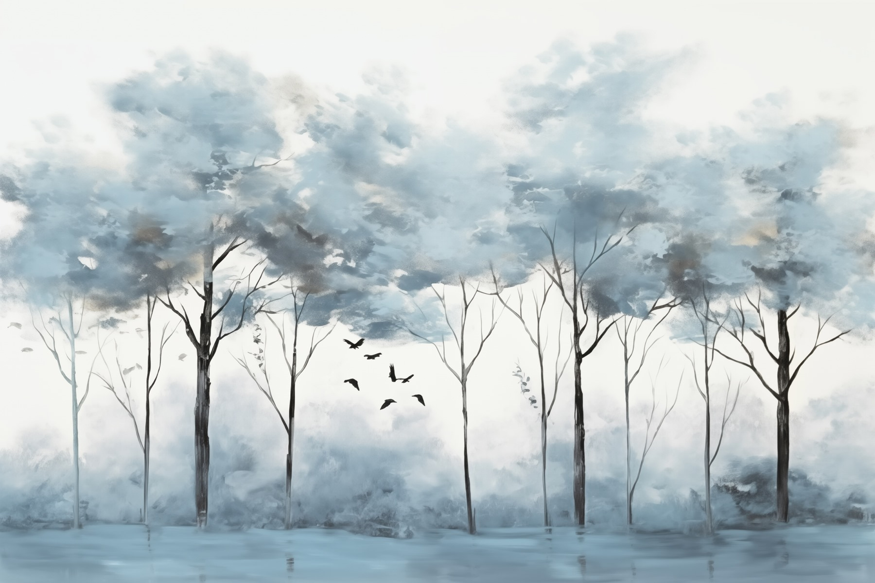 Group of trees with birds flying in the air