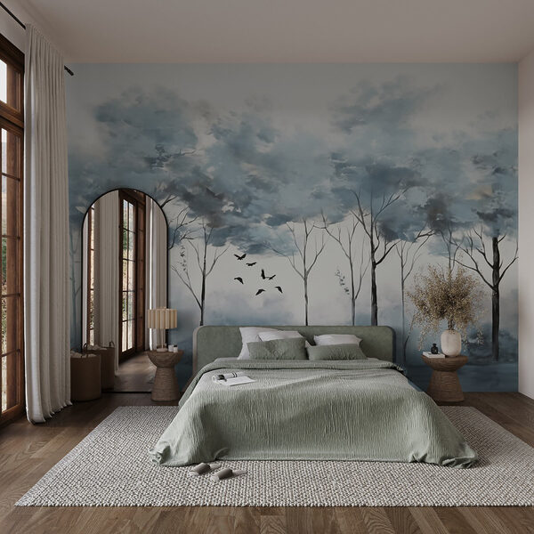 Group of trees with birds flying in the air Group of trees with birds flying in the air