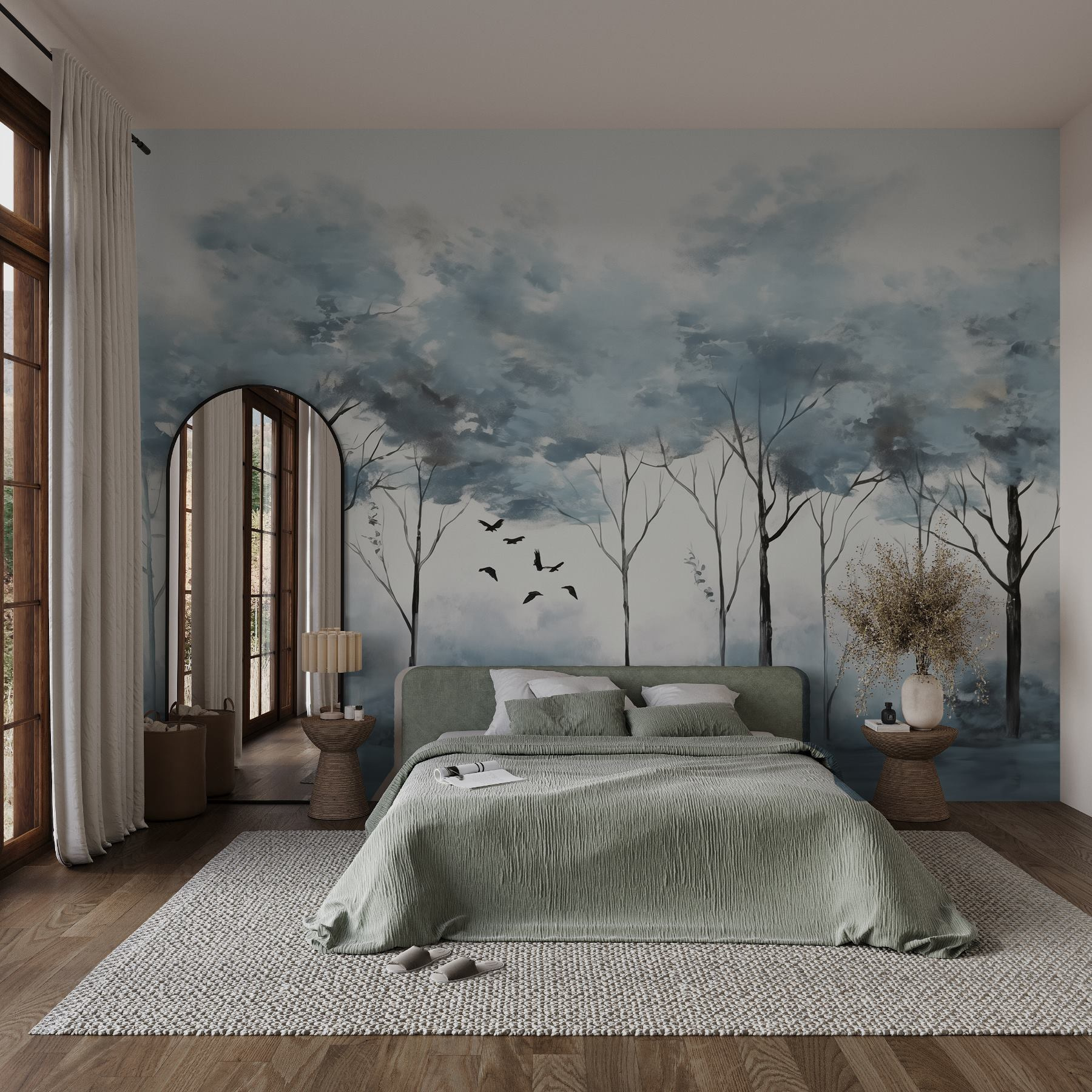 Group of trees with birds flying in the air