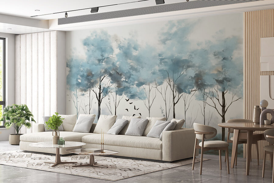 Group of trees with birds flying in the air Group of trees with birds flying in the air