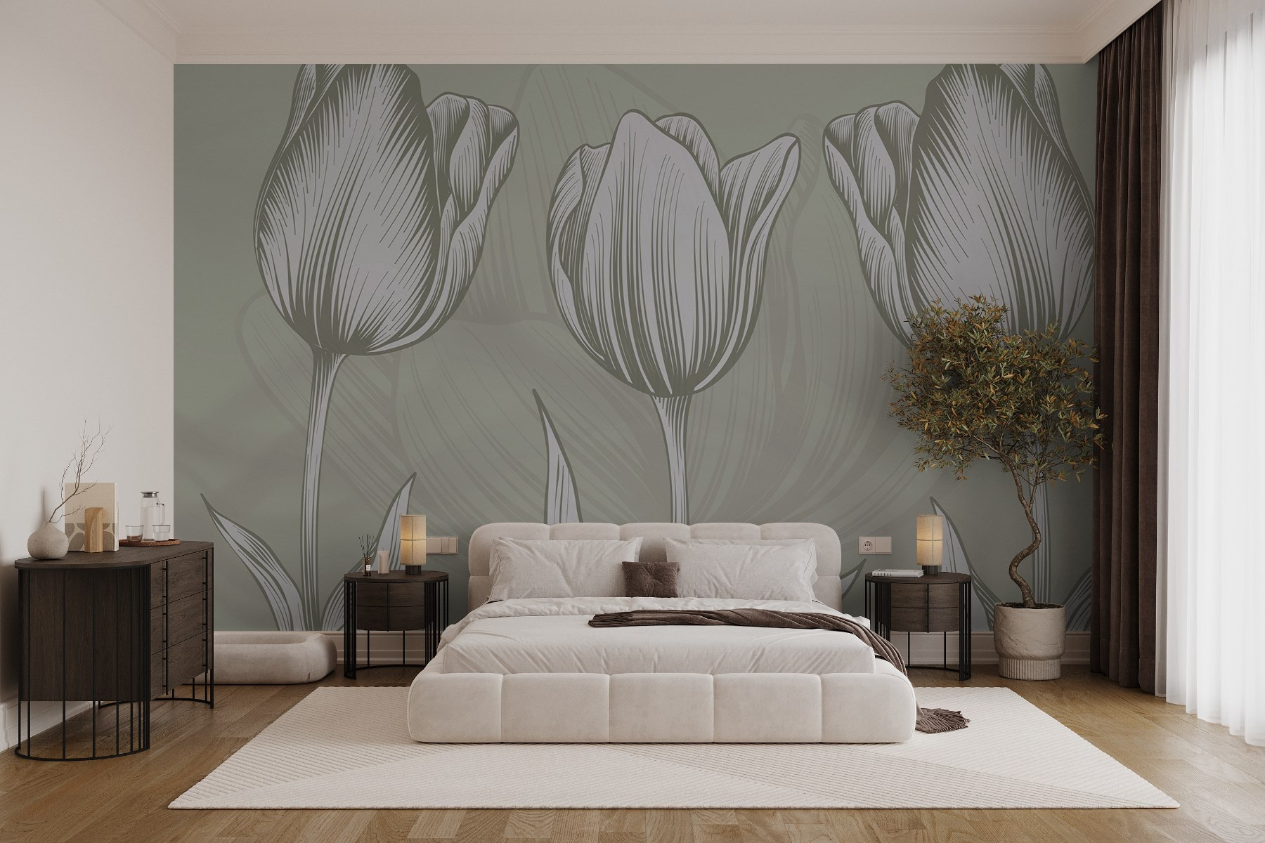 Line of flowers on a green background