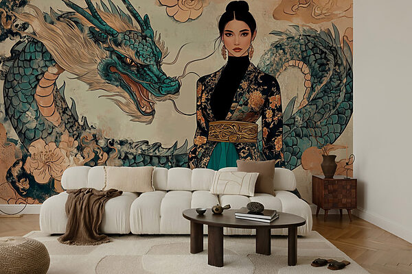 Woman in a kimono and a dragon w02875pig55mr 600x400 - Woman in a kimono and a dragon