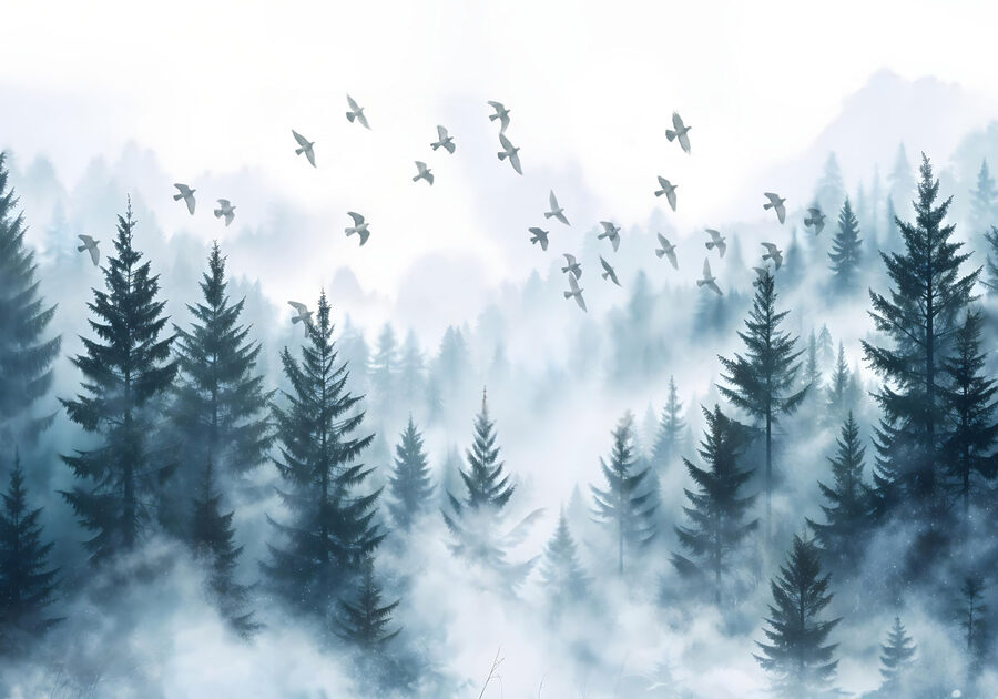 Birds flying over a forest