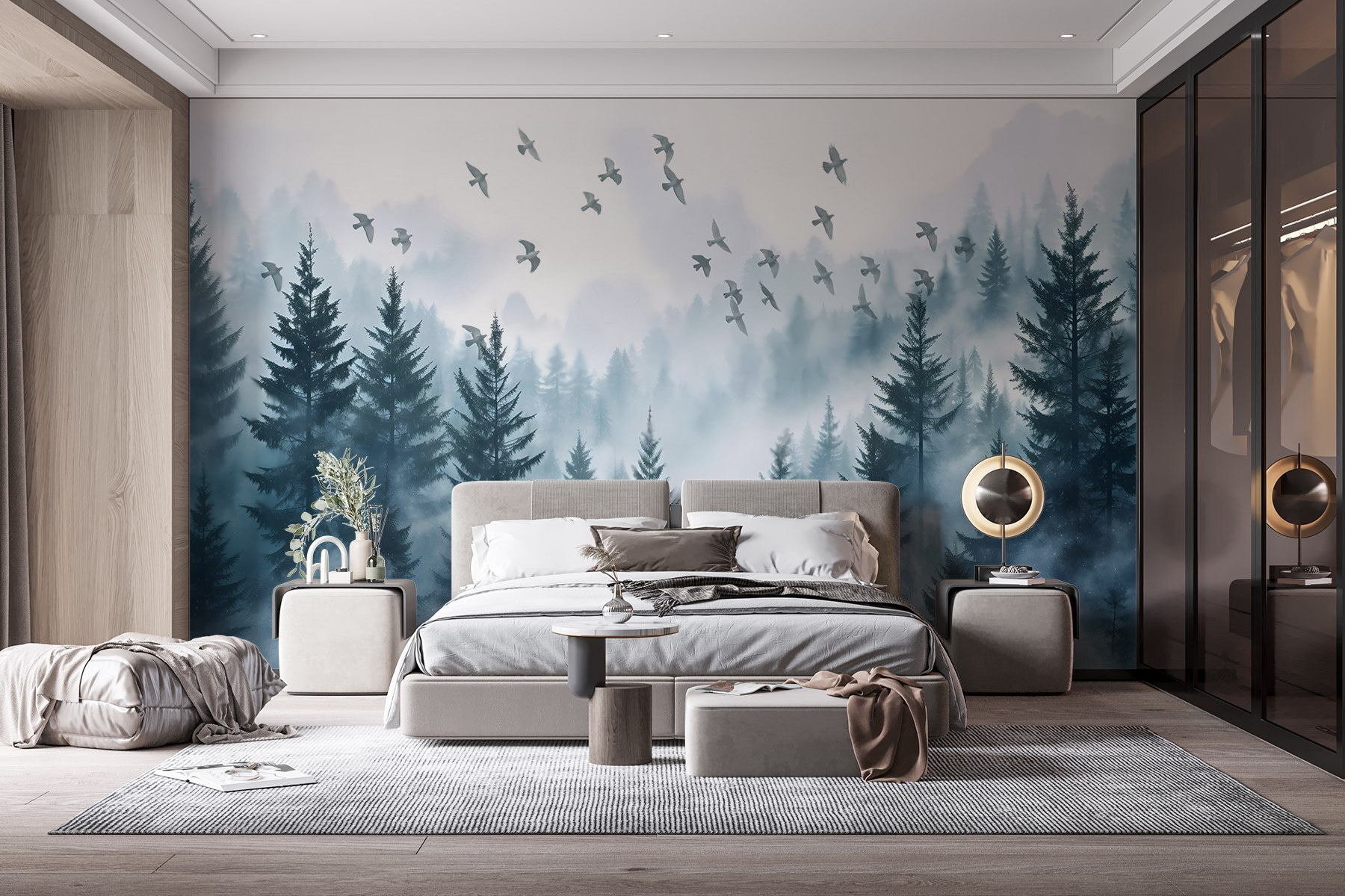 Birds flying over a forest