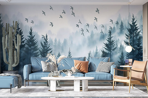 Birds flying over a forest Birds flying over a forest