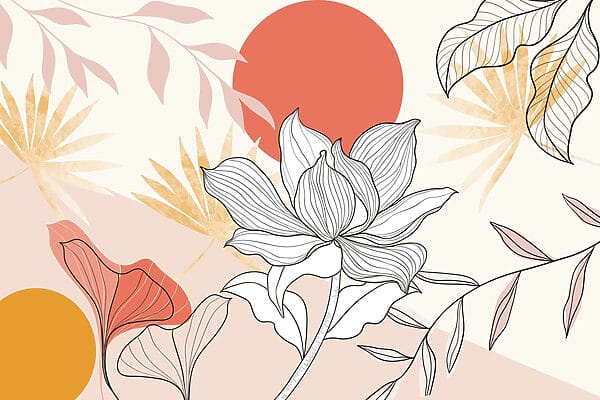 Flower and leaves with red sun Flower and leaves with red sun