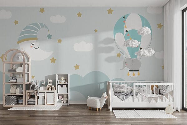 Wall murals Cartoon elephant and moon in the sky (SKU: w02963) Wall murals Wall murals Cartoon elephant and moon in the sky (SKU: w02963)