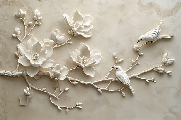 White bird on a branch with flowers White bird on a branch with flowers