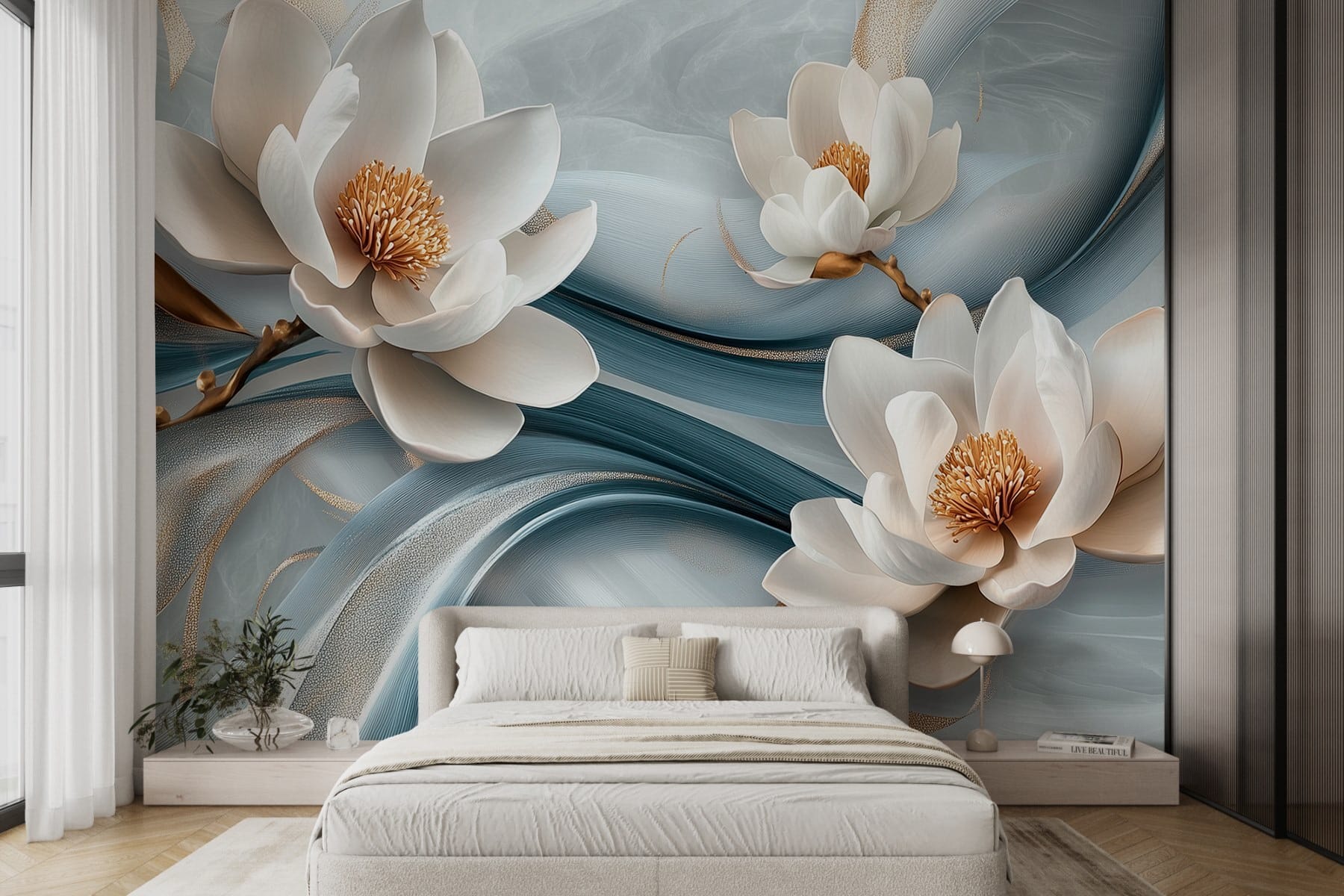 Delicate blooms on flowing fabric