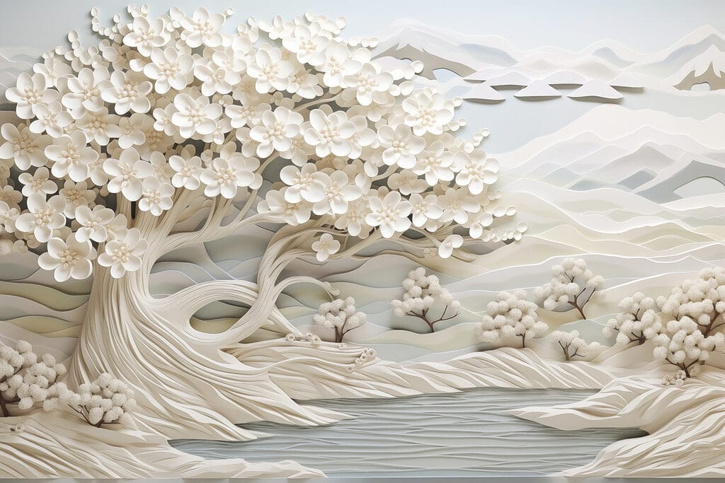 White tree with white flowers and a river White tree with white flowers and a river