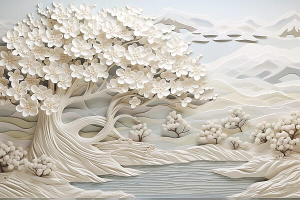 White tree with white flowers and a river White tree with white flowers and a river