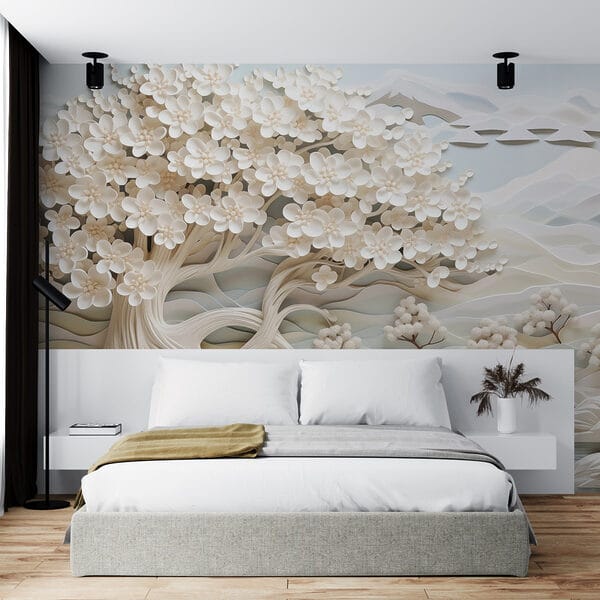White tree with white flowers and a river White tree with white flowers and a river