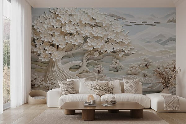 White tree with white flowers and a river White tree with white flowers and a river