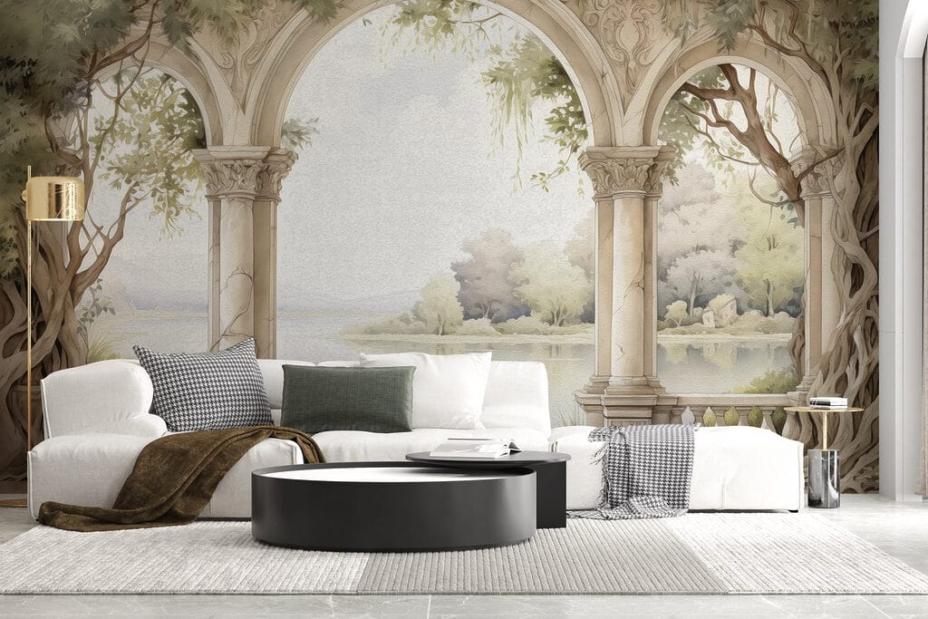 Watercolor painting of a stone archway with trees and a lake