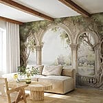 Wall murals Watercolor painting of a stone archway with trees and a lake