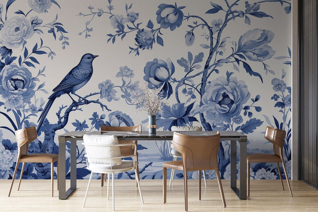 Bird on a tree branch with flowers