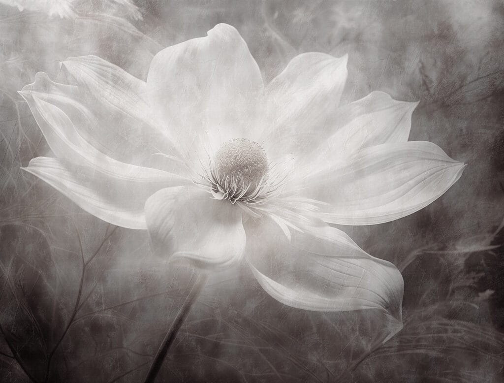 White flower with a black center White flower with a black center