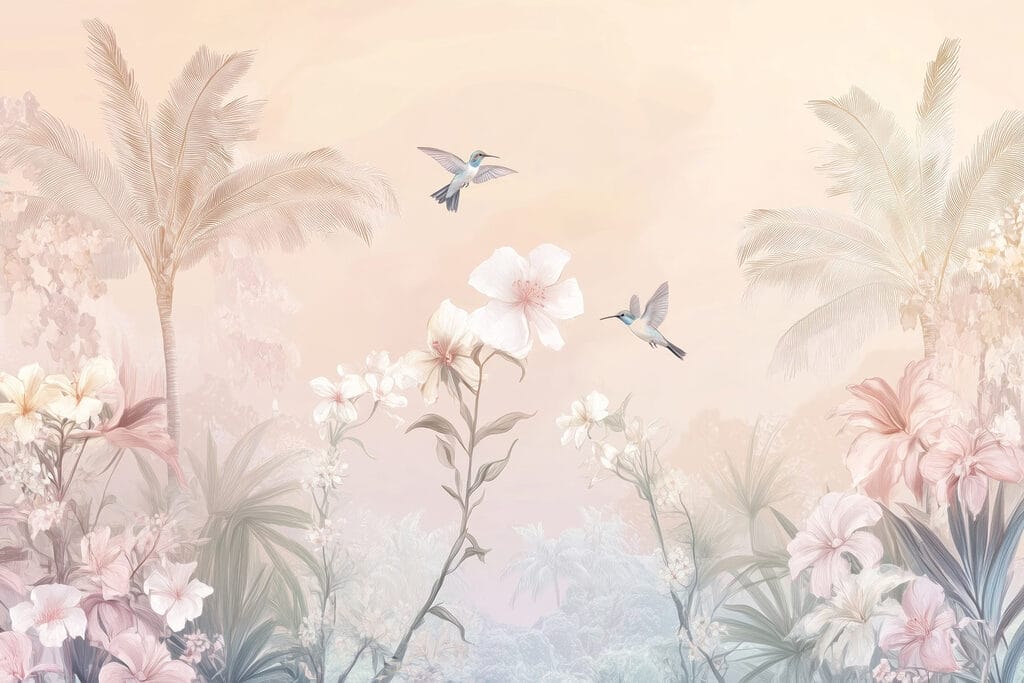 Group of birds flying over flowers Group of birds flying over flowers