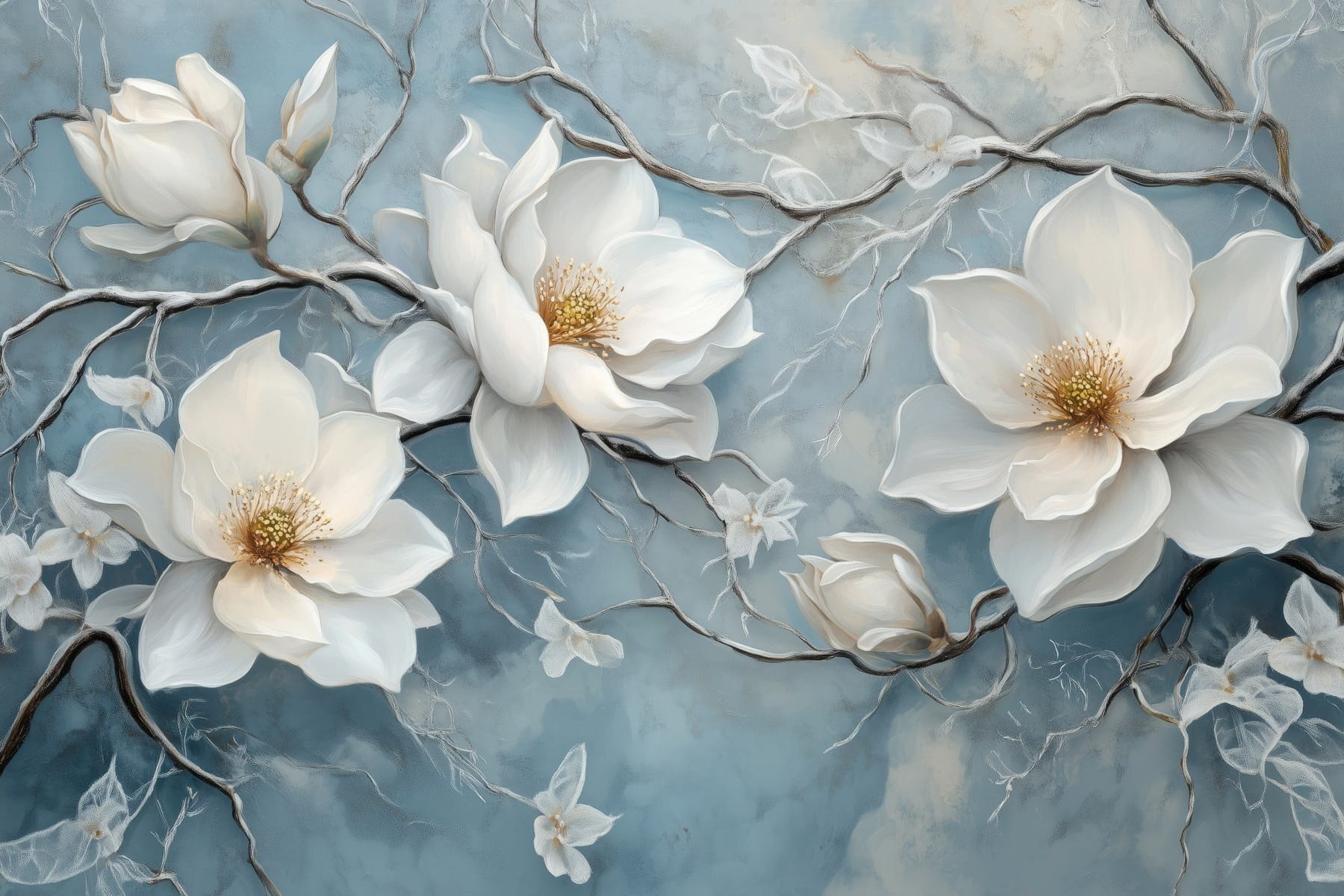 Painting of white flowers on a blue background