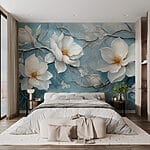 Wall mural Painting of white flowers on a blue background