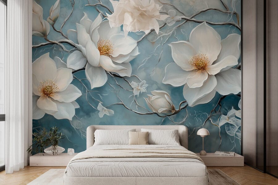 Painting of white flowers on a blue background