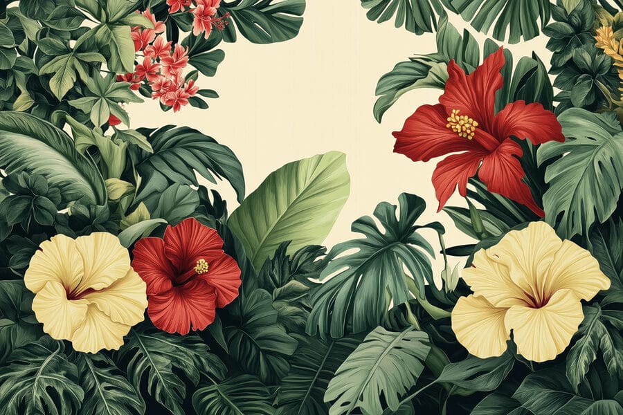 Group of flowers and leaves