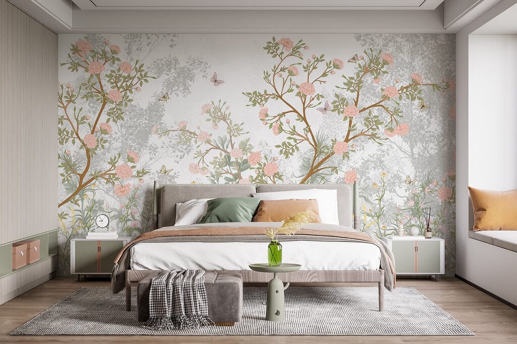 Painting of a tree with flowers and butterflies Painting of a tree with flowers and butterflies