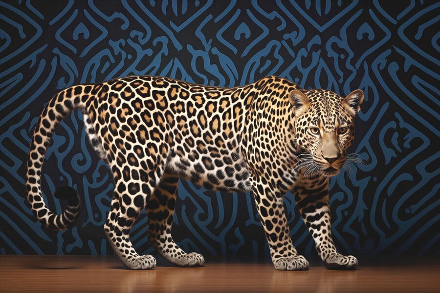 Leopard standing on a wood floor Leopard standing on a wood floor