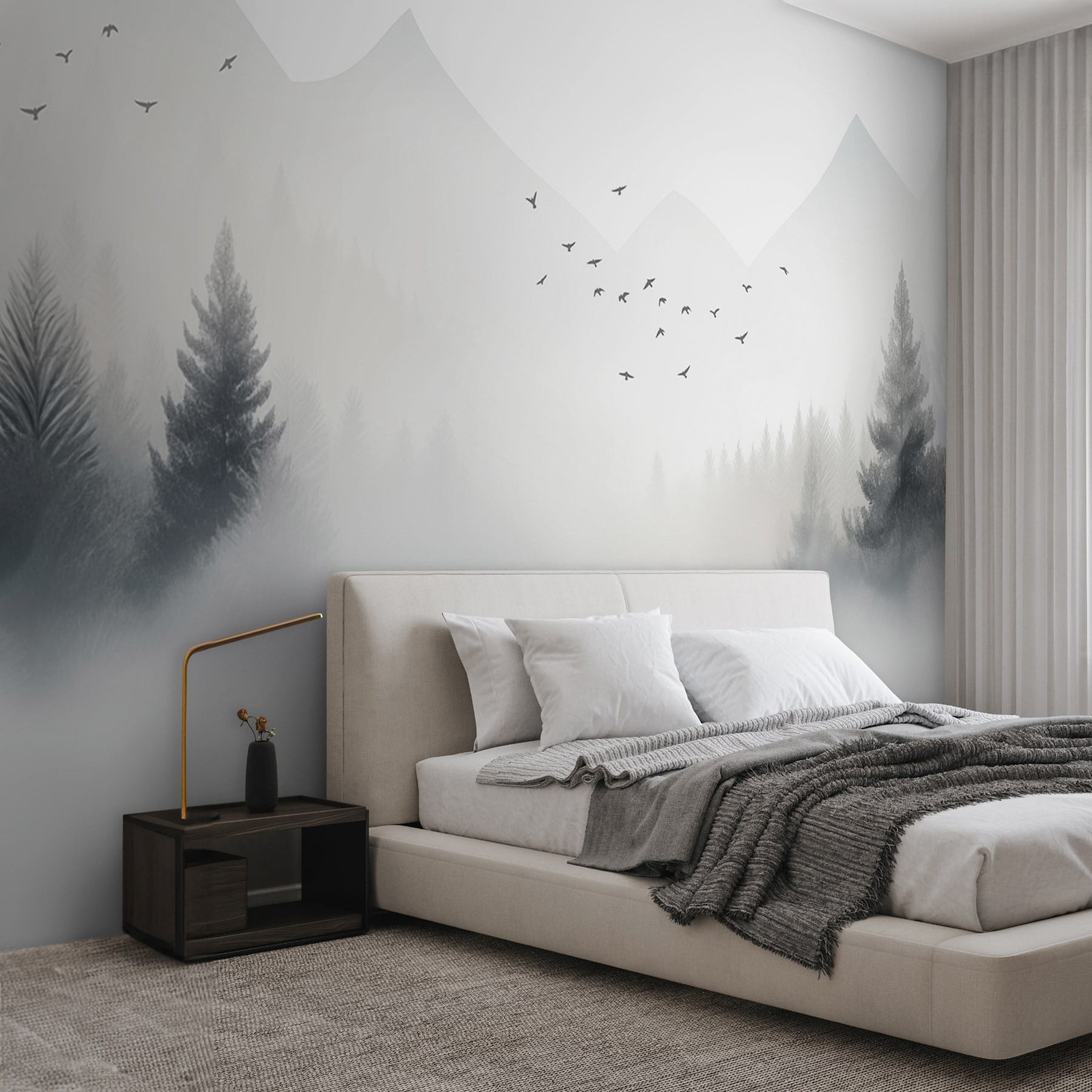 Birds flying over a foggy forest