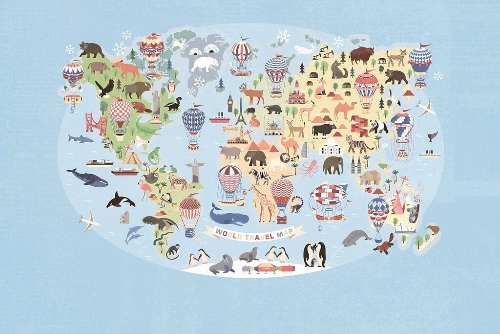 Map of the world with animals Map of the world with animals