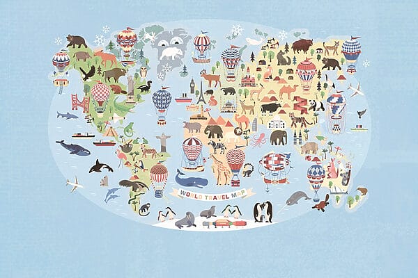 Map of the world with animals Map of the world with animals