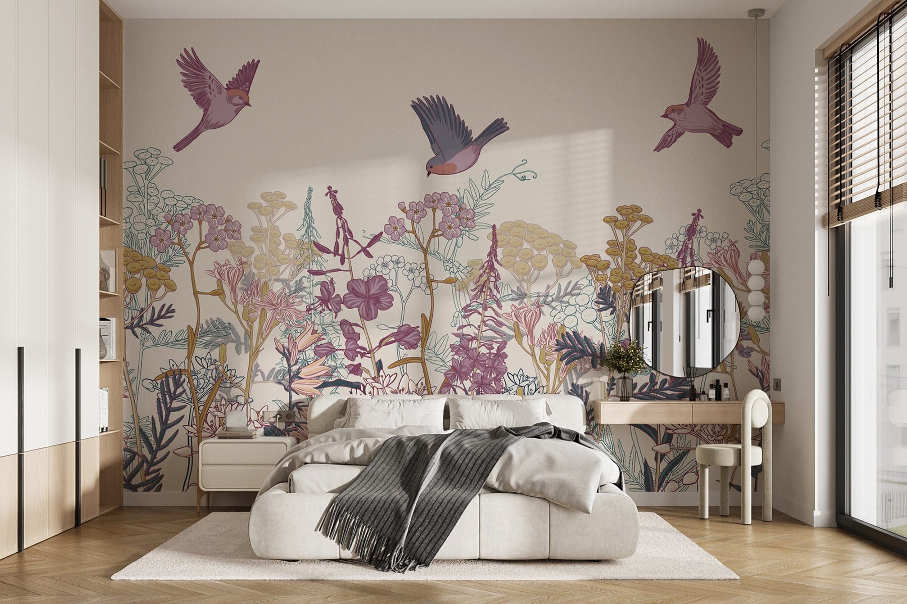 Birds flying over flowers