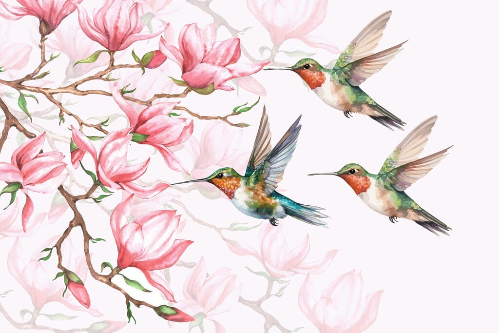 Group of hummingbirds flying next to flowers Group of hummingbirds flying next to flowers