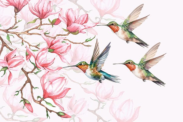 Group of hummingbirds flying next to flowers Group of hummingbirds flying next to flowers