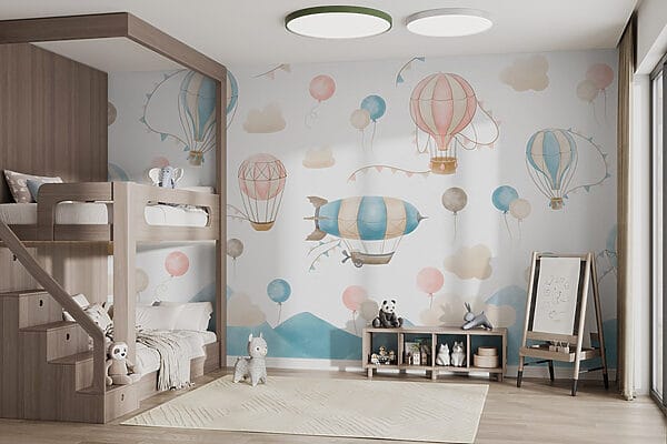 Group of hot air balloons and flags