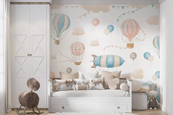 Group of hot air balloons and flags