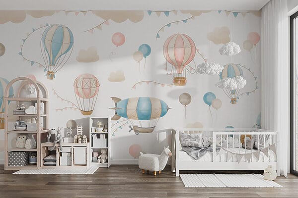 Group of hot air balloons and flags